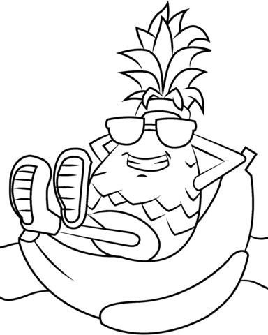 Pineapple Character Is Sitting On Banana Coloring Page